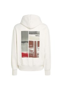 Hoodie bianco con grafica sul retro composta da quattro sezioni rettangolari in grigio, rosso e beige, con il testo '2nd Ave' e il nome del marchio.