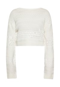 Witte cropped trui met lange mouwen, met een textuurdesign, afwisselend zigzag- en openbreipatronen, en geribbelde manchetten.
