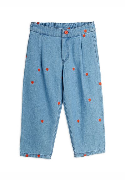 Denim trousers with an elastic waistband, blue color, featuring red heart embroidery scattered all over the fabric. Straight-leg design.