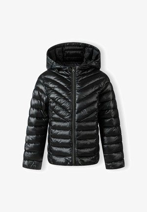 Schwarze Daunenjacke mit Kapuze, mit Reißverschluss und Chevron-Steppdesign. Hergestellt aus glänzendem, wasserabweisendem Material.