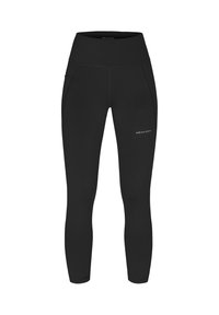 Svarta sportleggings med hög midja, slät yta, två sidofickor och en liten logotyp på nedre vänstra sidan.