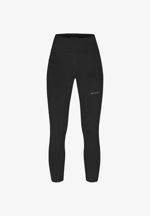 Svarta sportleggings med hög midja, slät yta, två sidofickor och en liten logotyp på nedre vänstra sidan.