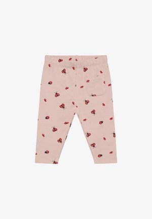 Leggings rosa per bambina con stampe di coccinelle rosse e fiori, vita elastica e piccola tasca applicata sul lato destro.