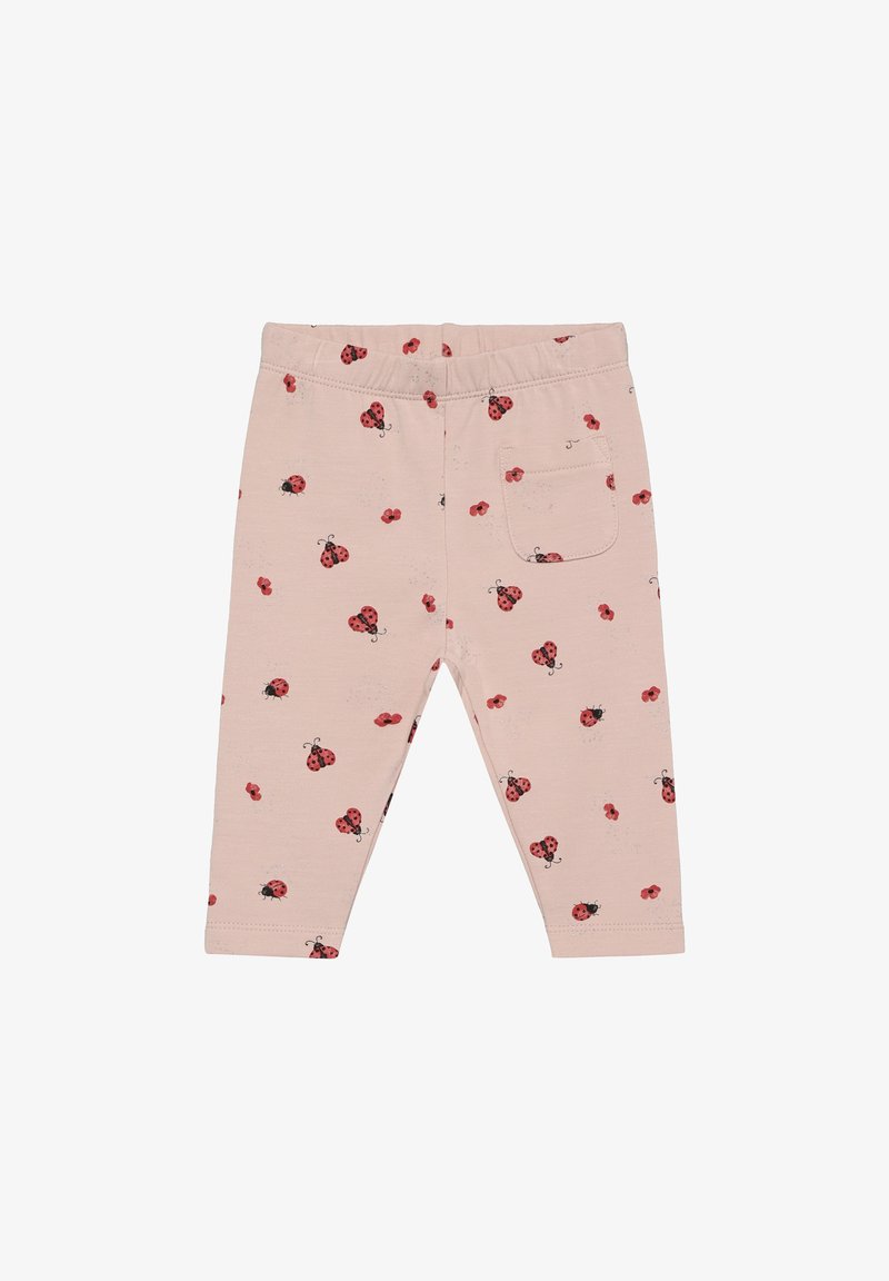 Leggings rosas para bebé con estampados de mariquita roja y flores, cintura elástica y pequeño bolsillo parche en el lado derecho.