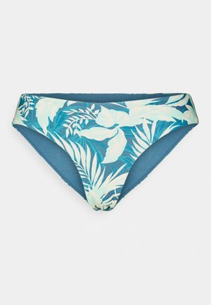 Parte de baixo de bikini com uma base azul e um padrão de folha tropical em verde menta claro e branco. Feito de um tecido macio e elástico com uma textura suave.