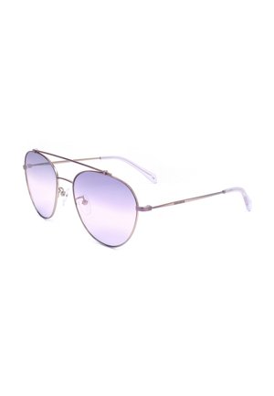 Occhiali da sole aviator con montatura in metallo, lenti sfumate viola e terminali trasparenti sulle aste su sfondo bianco.