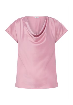 Blouse courte en satin rose clair avec manches courtes, col bénitier drapé et ourlet droit.