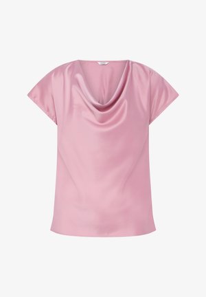 Heleroosa satiinist lühikeste varrukatega pluus drapeeritud kaelakaelusega ja sirge äärega.