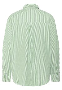 Camicia a righe verde e bianca con colletto classico, maniche lunghe e orlo dritto. Presenta righe verticali e polsini con bottone.