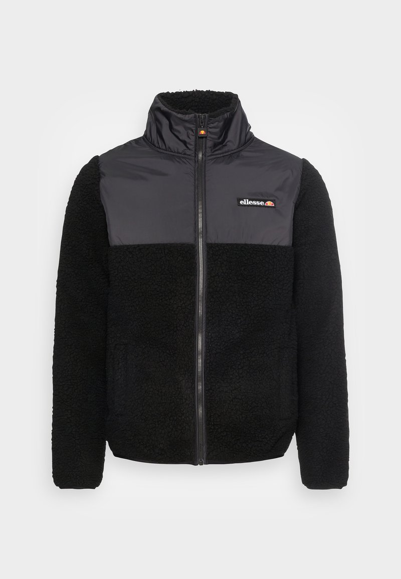 Sort fleecejakke med en skinnende sort nylon-overdel, fuld lynlås, høj krave og logo på brystet. Blød tekstur med en kontrasterende finish.
