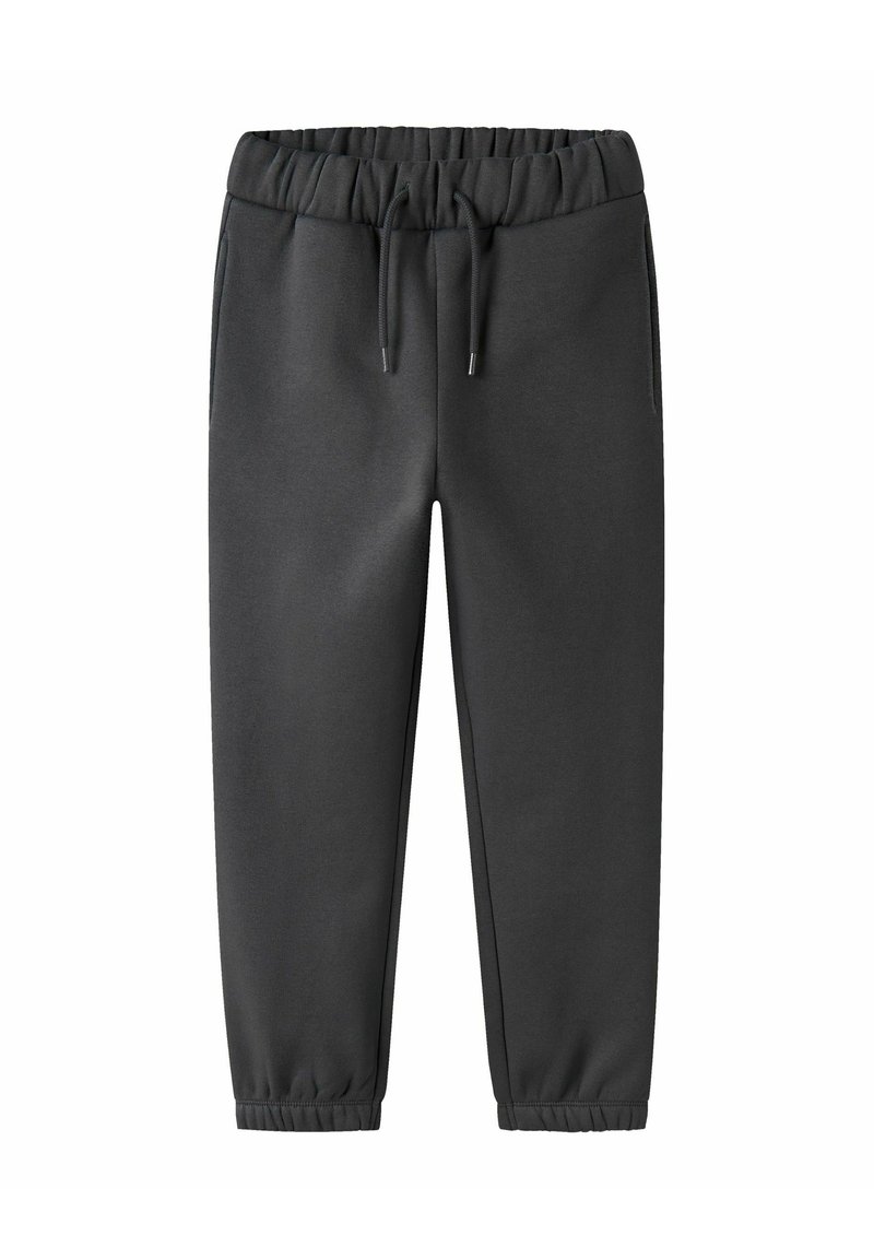 Donkergrijze joggingbroek met elastische tailleband, trekkoord, zijzakken en elastische boorden, weergegeven tegen een witte achtergrond.