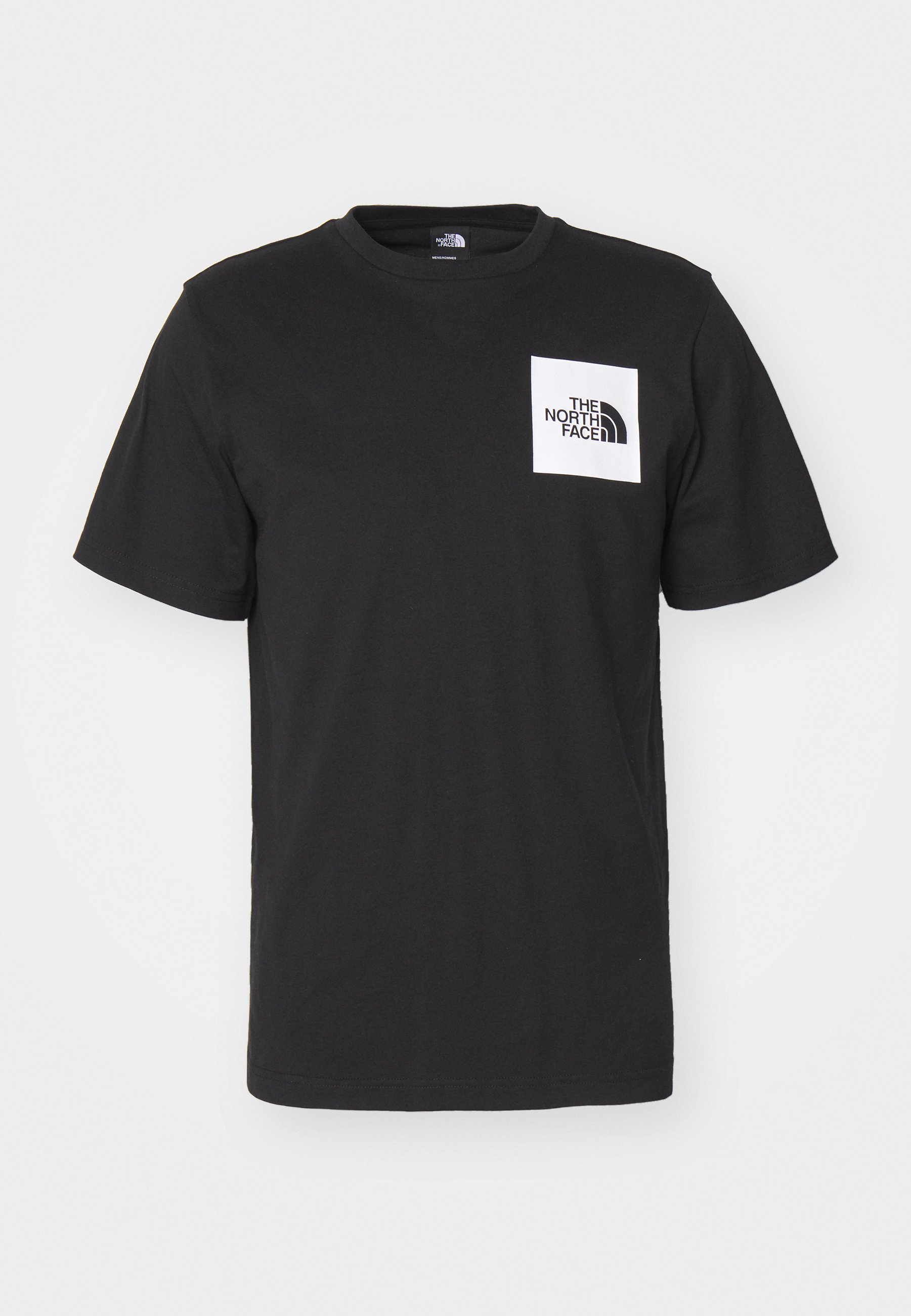 T-shirt en coton noir à manches courtes, col ras du cou, avec un logo carré blanc sur la poitrine comportant le texte "The North Face" et un design courbé.