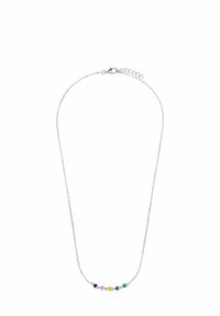Zilveren ketting met een rij kleine, multikleurige hartvormige stenen, waaronder roze, blauwe, groene en paarse accenten.