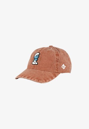 Baseballkappe in Rostfarbe mit eingesticktem blauen Schlümpf-Charakter auf der Vorderseite und kleinem weißen Logo an der Seite.