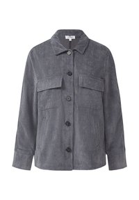 Veste boutonnée en velours côtelé gris avec deux poches à rabat à l'avant et manches longues, conçue pour un usage décontracté.