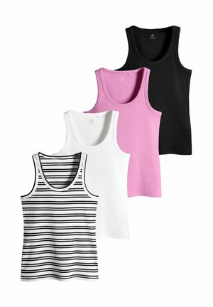 Fem sleeveless t-shirts: sort, pink, hvid og et hvid/sort stribet design. 100% bomuldsmateriale med ribbet tekstur og rund halsudskæring.