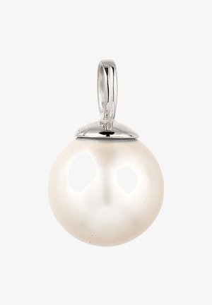 Großer runder Perlenanhänger mit einer glatten, glänzenden Oberfläche. Metallkappe in Silberfarbe oben, mit einer Schlaufe zur Befestigung.