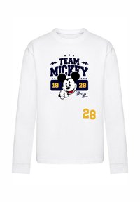 White long-sleeve shirt featuring a blue graphic with "TEAM MICKEY," Mickey Mouse, "1928," and number "28" in yellow.
