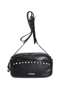 Svart läder crossbody-väska med nitar, dragkedjestängning och avtagbar rem. Innehåller dekorativa pärlor i olika färger.