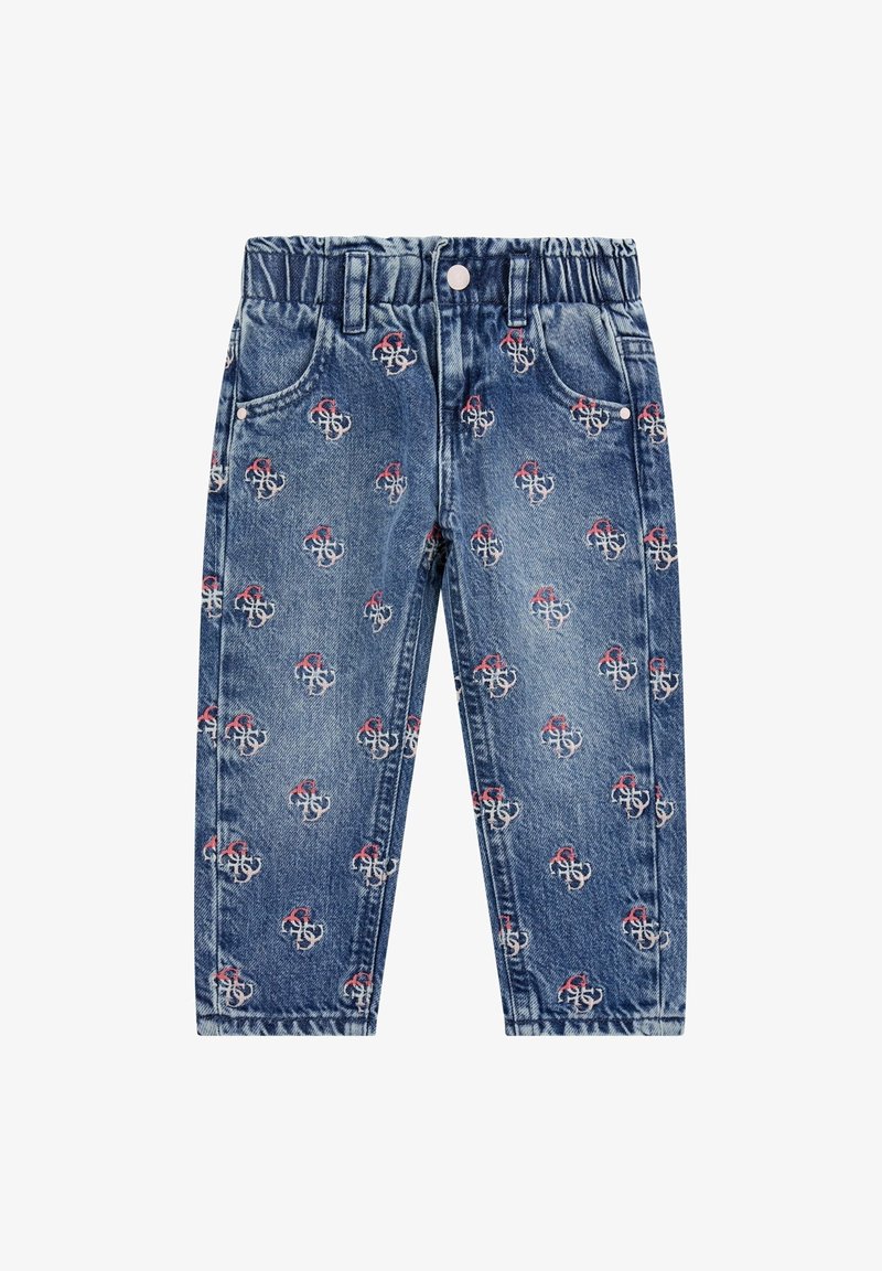 Jean en denim bleu pour tout-petits avec ceinture élastique et motif intégral de petits logos rouges et blancs.