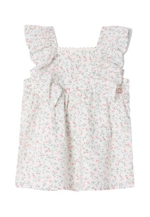 Weißes Kleinkindkleid mit rosa und grauem Blumenmuster, Rüschenträgern und gerafftem Oberteil.