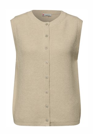 Cardigan sans manches beige en tissu côtelé, avec une fermeture boutonnée assortie et un col rond.