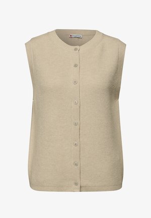 Beżowa bezrękawnikowa kamizelka z prążkowanej tkaniny, z zapięciem na guziki w kolorze kamizelki i okrągłym dekoltem.