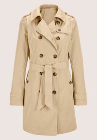 Beige Trenchcoat mit doppelt geknöpftem Verschluss, tailliertem Gürtel, Reverskragen und zwei Seiten- taschen. Hergestellt aus einem glatten, leichten Stoff.