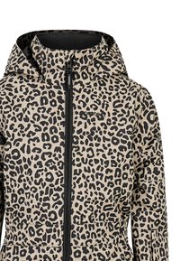 Beige jas met zwarte luipaardprint, ritssluiting aan de voorkant en capuchon. Heeft elastische manchetten en een taillekoord voor een verstelbare pasvorm.