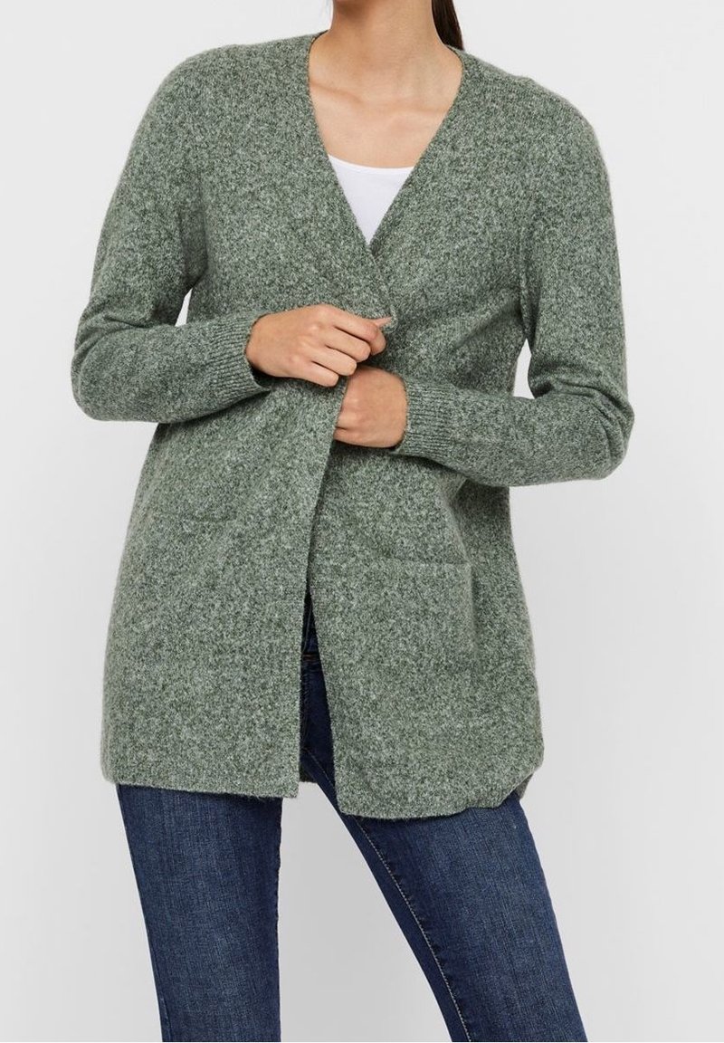Light green knitted cardigan with a v-neck, open front, long sleeves, and side pockets, made from soft textured material.