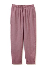 Geweven katoenen broek met een rood-wit geruit patroon, voorzien van een elastische tailleband en taps toelopende benen met omslag.