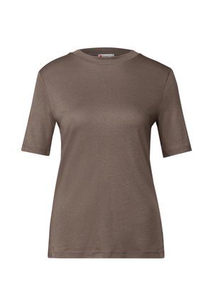 Brown short-sleeve T-shirt with a round neckline. Made of smooth fabric with a relaxed fit and minimal stitching details.