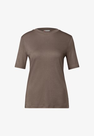 Braunes Kurzarm-T-Shirt mit Rundhalsausschnitt. Hergestellt aus glattem Stoff mit lockerer Passform und minimalen Nähdetails.