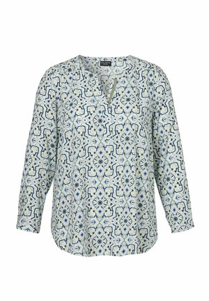 Langärmlige Bluse mit blau-weißem geometrischem Muster, Rundhalsausschnitt mit kurzem zentralem Schlitz und entspannter Passform.