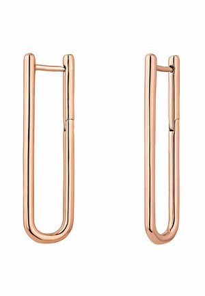 Pendientes de aro de metal en oro rosa, con forma alargada de U, superficie lisa y un ligero detalle de bisagra para un cierre seguro.