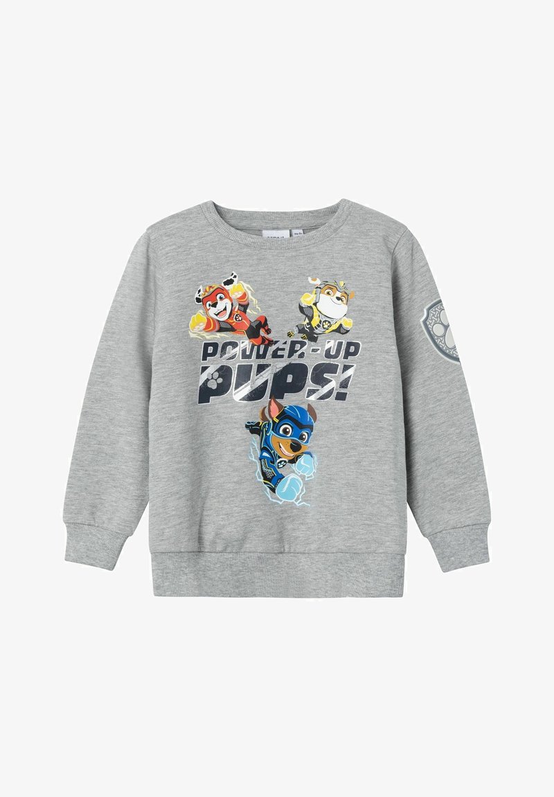 Grey sweatshirt featuring cartoon dog characters in bright colors, with "POWER-UP PUPS!" text. Ribbed cuffs and hem, soft fabric.