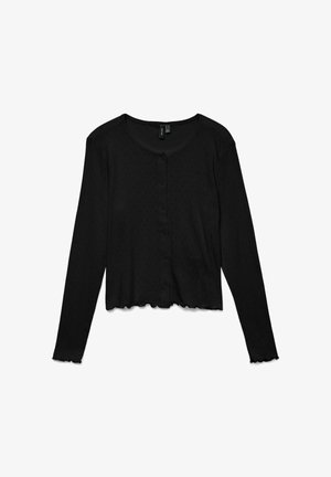 Cardigan noir à manches longues avec boutons, col rond et bords festonnés aux poignets et à l'ourlet, en tissu léger texturé.