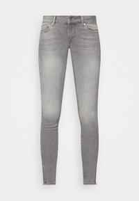 Jeans skinny de denim gris con un diseño ajustado, estilo de cinco bolsillos, cierre de botón en la parte delantera y un sutil acabado desgastado.