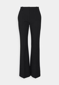 Pantalons évasés noirs avec une texture tissée lisse, présentant une taille haute et deux passants de ceinture latéraux. Pas de poches visibles ni de motifs.