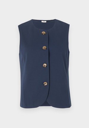 Mouwloos donkerblauw vest met ronde halslijn en vier grote bruine knopen aan de voorkant tegen een effen achtergrond.