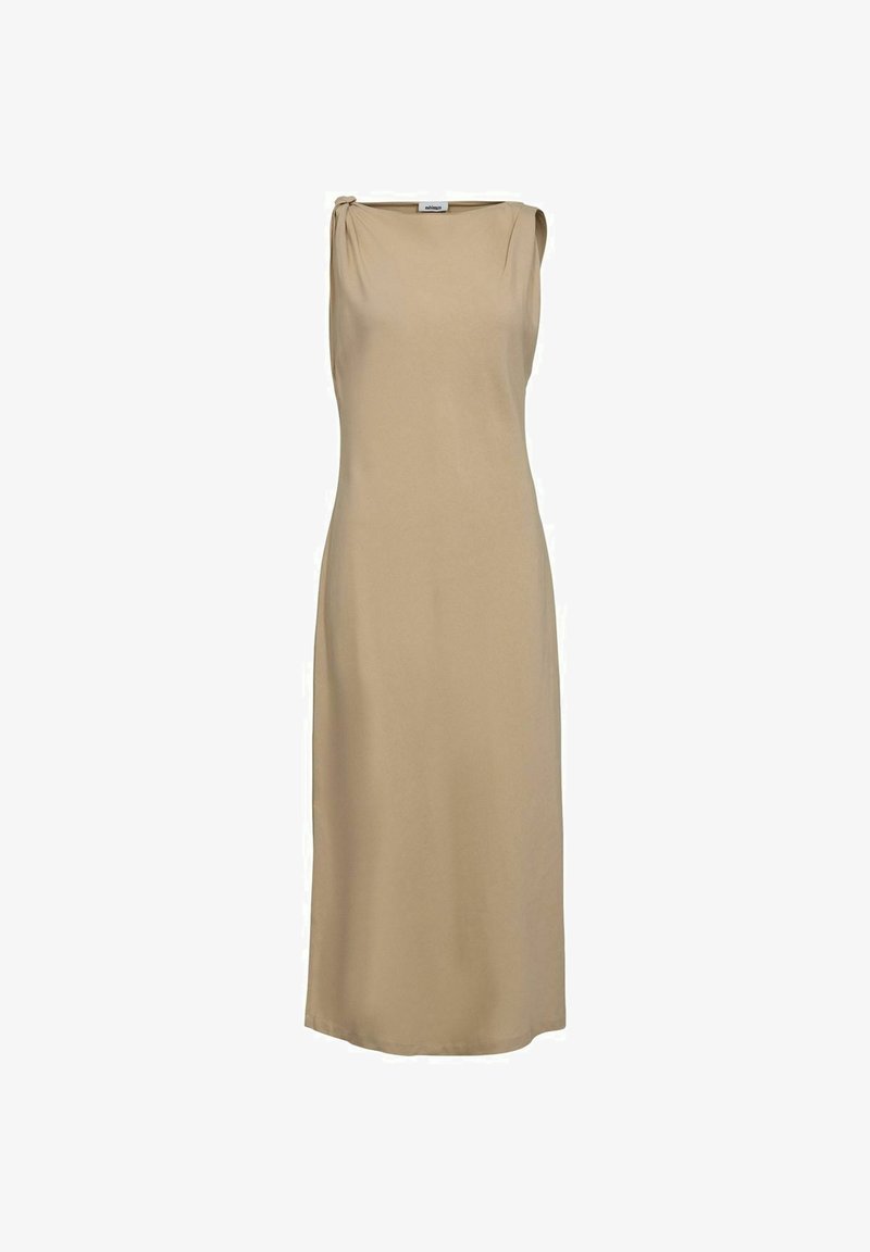 Beige ärmelloses Kleid aus weichem Stoff, mit einem drapierten Ausschnitt und einer lockeren, geraden Silhouette, in knieumspielender Länge.