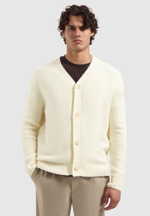 Crème-kleurige cardigan met een gestructureerde, fluffy breiwerk. Heeft een V-hals, geribbelde manchetten en zoom, en houten knopen aan de voorkant.