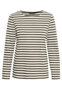 Langarm-T-Shirt mit crèmefarbenem Hintergrund und dünnen schwarzen Horizontalstreifen, rundem Ausschnitt und weichem, glattem Stoffgefühl.