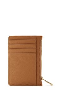 Tan leather card holder with textured surface, featuring four card slots and a zippered compartment, finished with gold-tone hardware.