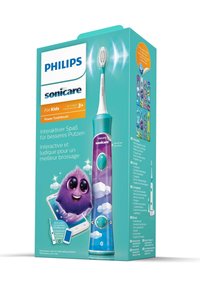 Elektrische Zahnbürste für Kinder mit einem türkisfarbenen und lila Gehäuse, strukturiertem Griff, verspieltem Wolkendesign und einer Charakterillustration auf der Verpackung.