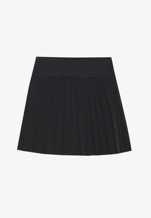 Crna plisirana suknja s glatkim pojasom. Ima vertikalne plisove po cijeloj dužini, izrađena je od laganog, rastezljivog materijala.