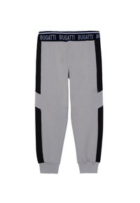 Hellgraue Sweatpants mit schwarzen Seitenpanelen. Verfügt über einen elastischen Bund mit "BUGATTI"-Logo. Schmal zulaufendes Bein-Design und weicher Stofftextur.