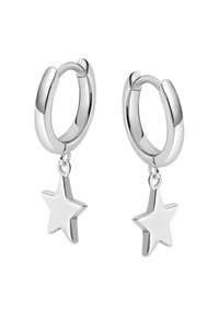Srebrne kolczyki na kółkach o gładkim wykończeniu, z wiszącymi charmsami w kształcie gwiazd, które dodają wymiaru i szczegółowości. Prosty i współczesny design.