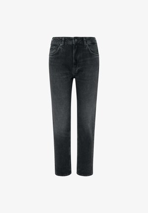 Zwarte spijkerbroek van denim met een recht model, voorzien van riemlussen, zijzakken en een klassieke knoopsluiting. Een gladde textuur.