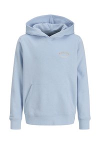 Sudadera de color azul claro hecha de un tejido suave, con un bolsillo tipo canguro, puños acanalados y un logotipo bordado en dorado en el pecho.